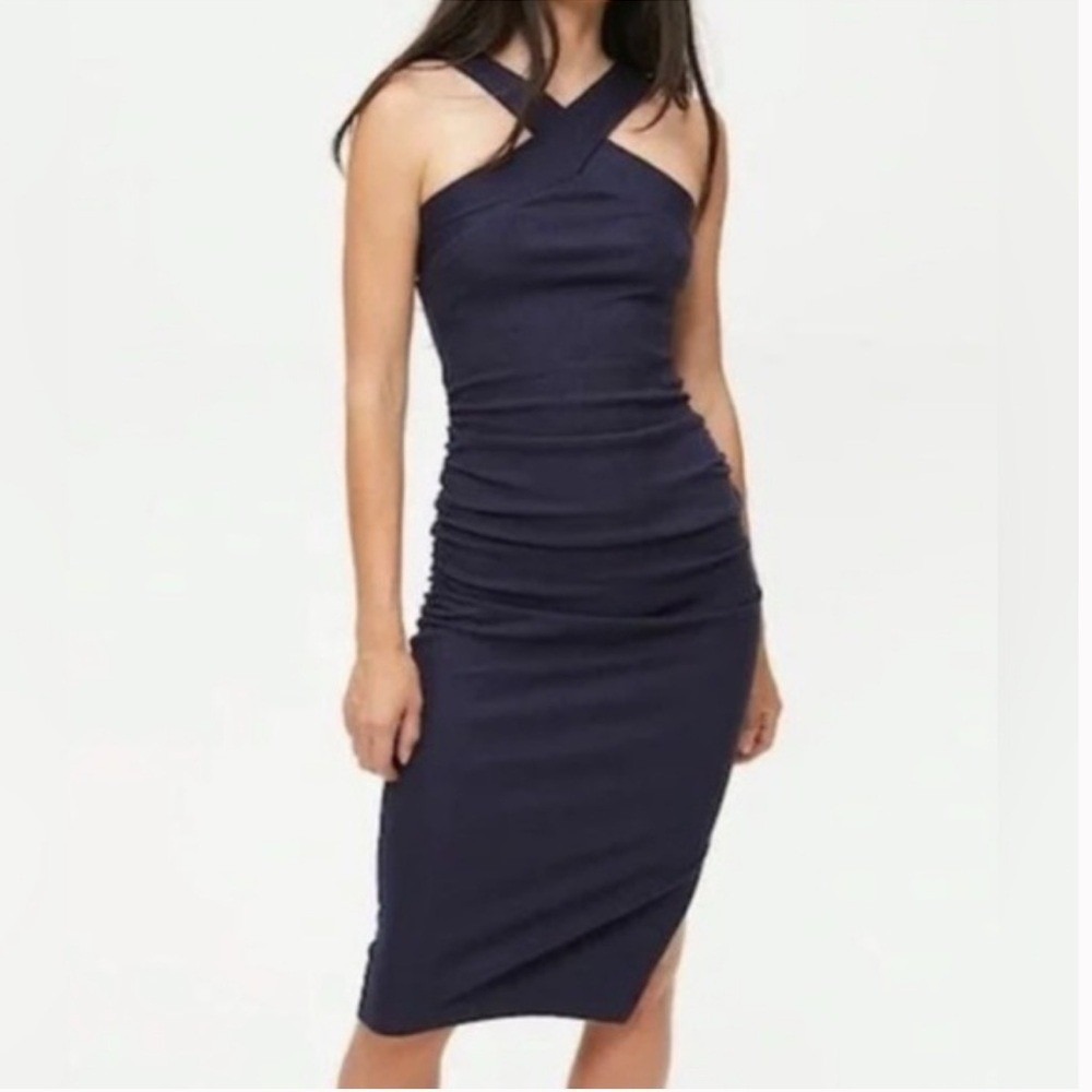 MICHAEL STARS Opaline Midi Dress Medium Navy Blue Bodycon Halter Ruched Ribbed